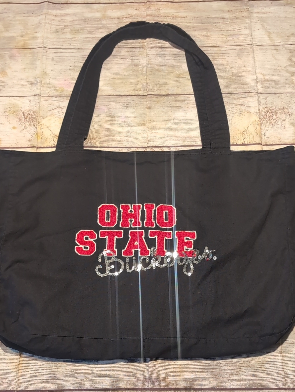 Ohio State Buckeyes Black Canvas Tote Bag Red With Silver Sequin Logo